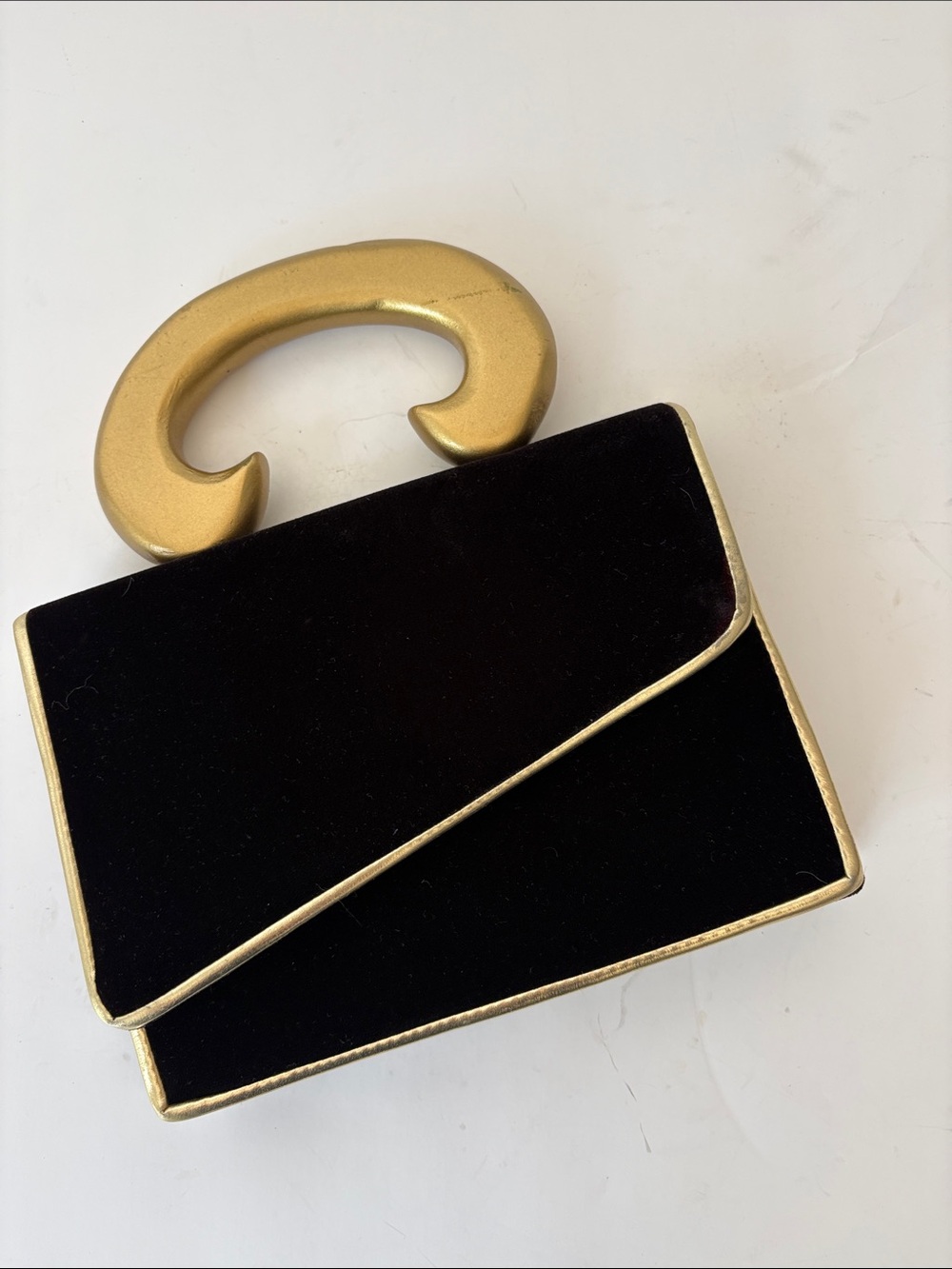 Vintage Black Velvet Evening handbag with Gold Handle and strap